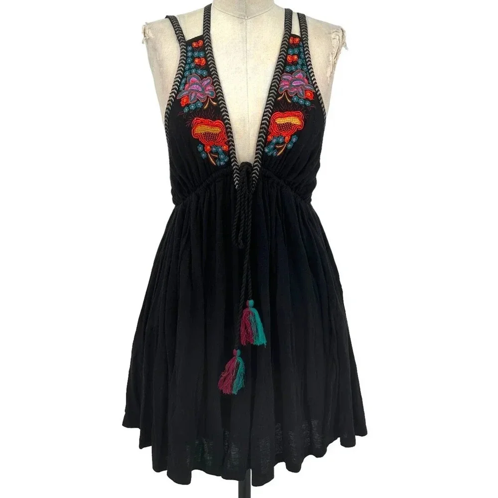Free People Lovers Cove Embroidered Tassel Mini Dress in Black Size XS‎